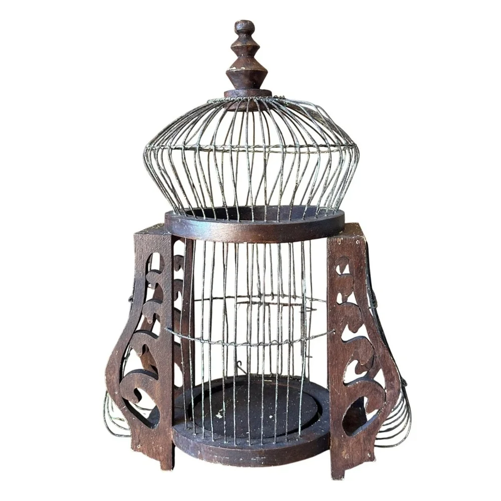 Vintage Wood and Wire Birdcage Decorative Ornate Rustic Brown Chippy
